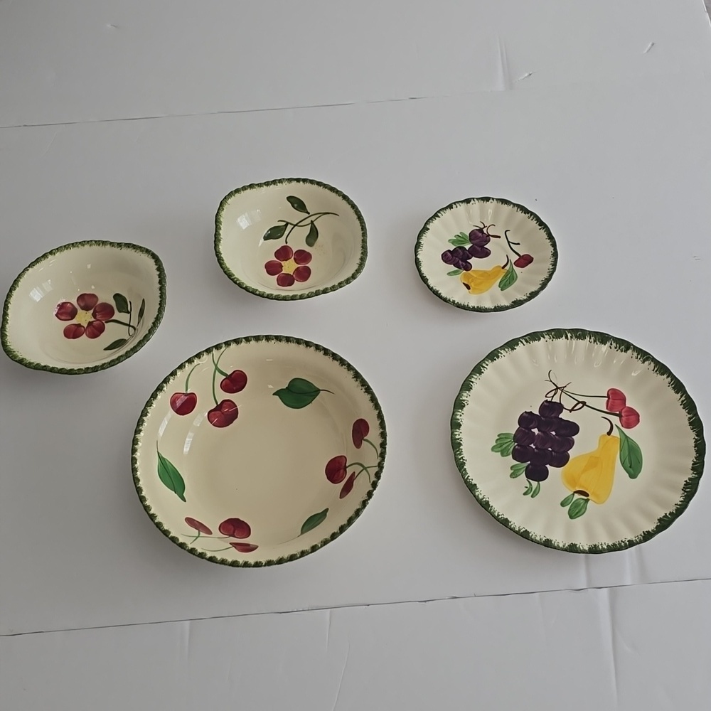 Vintage Set Of 5 Blue Ridge Hand Painted Underglaze Potteries Fruits Plate Bowl
